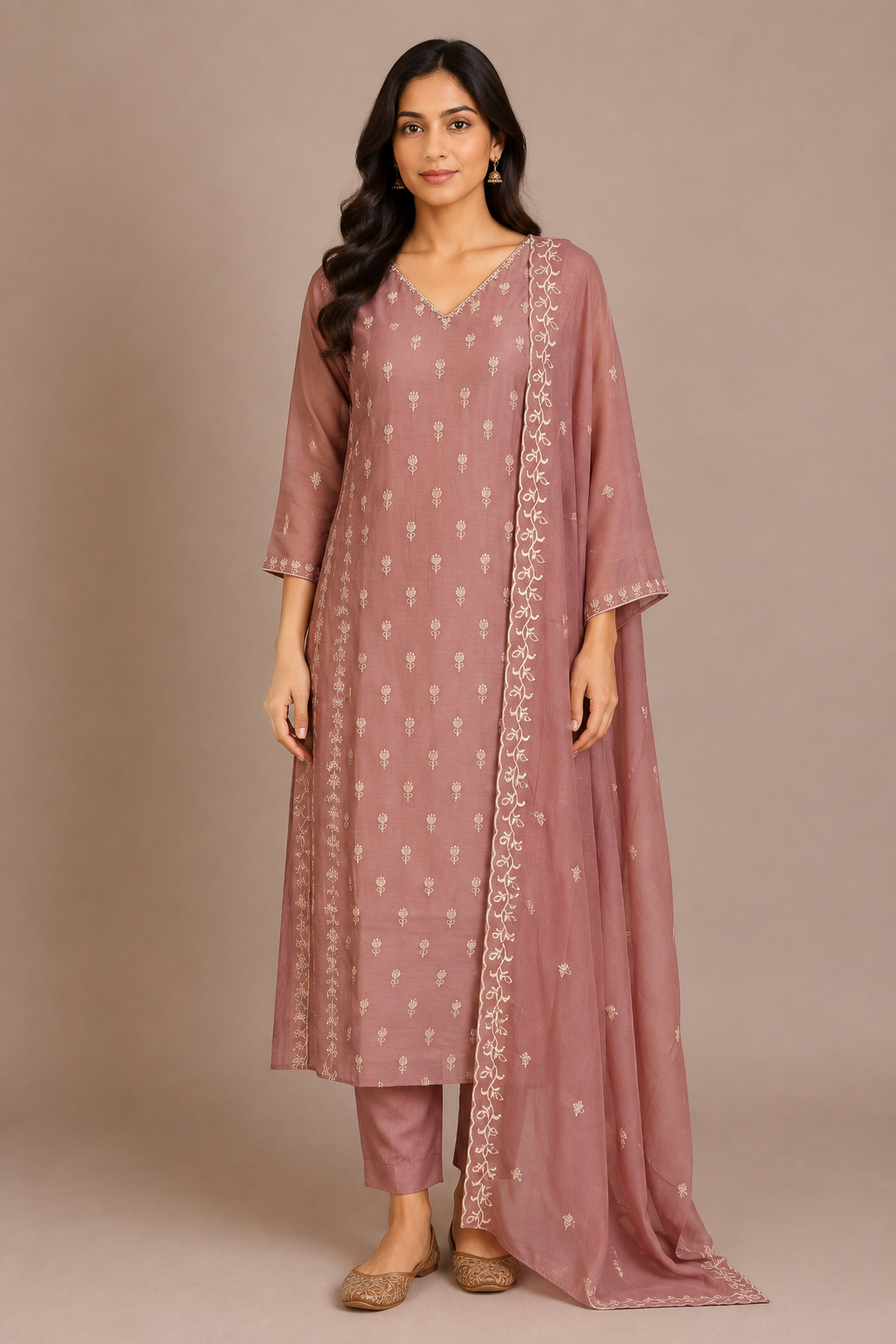 Dusty Rose Silk Embroidered Straight-Cut Suit Set